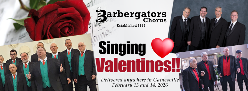 Singing Valentines banner depicting singers, quarters, and red heart