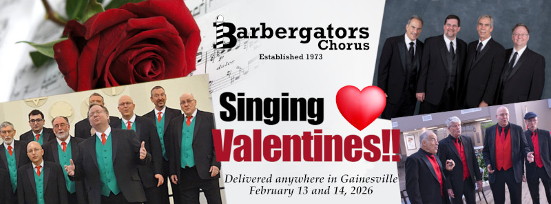 Singing Valentines banner depicting singers, quarters, and red heart