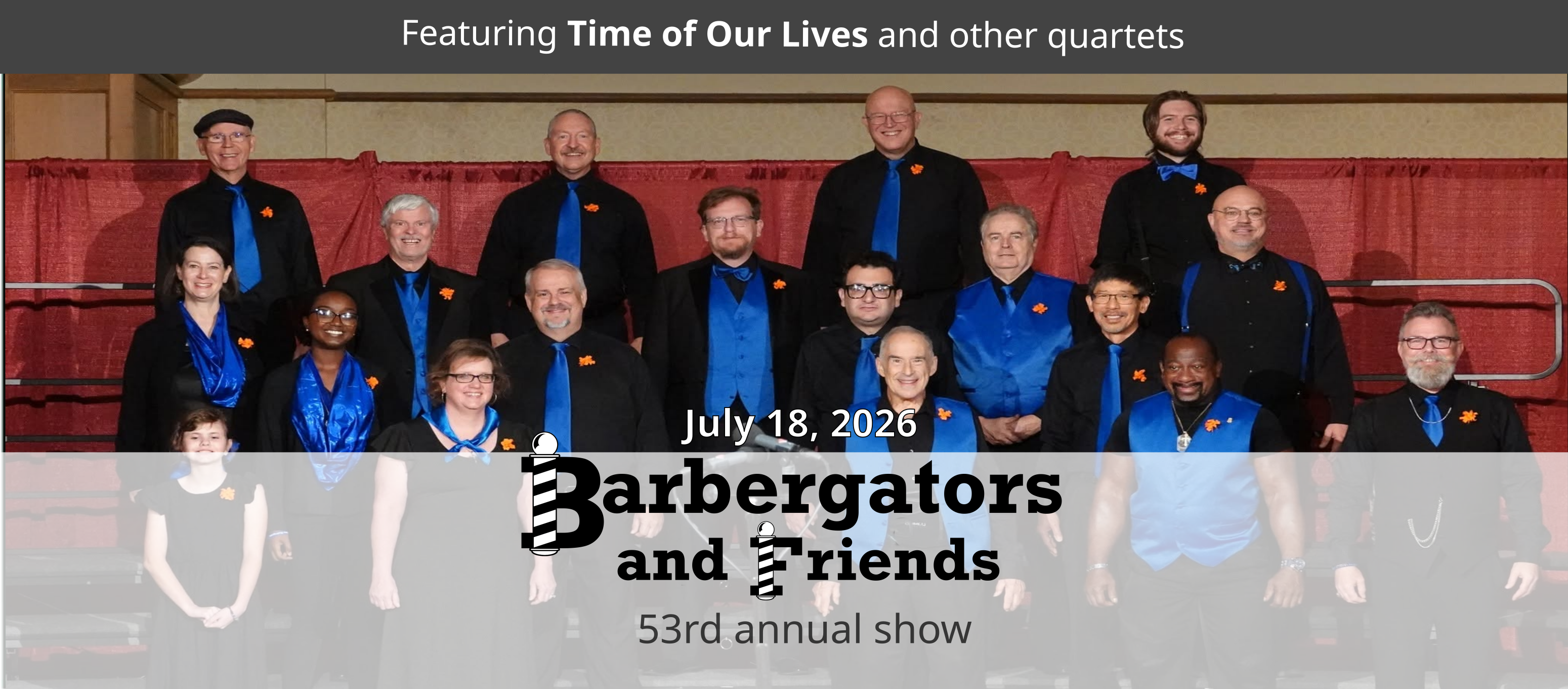 Barbergators chorus portrait from Spring Convention in black and blue costumes on risers with a red background