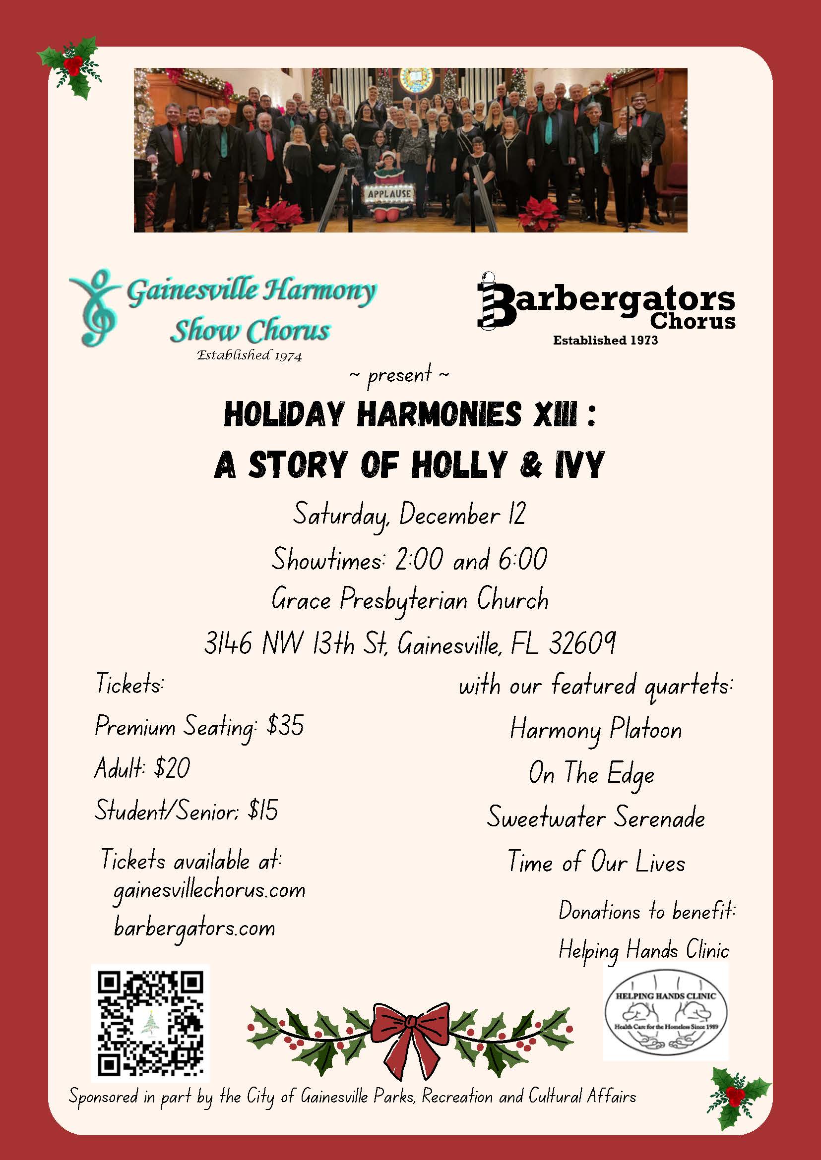 Holiday Harmonies flyer. December 12 at 2:00 and 6:00 PM. Click to read about the event.