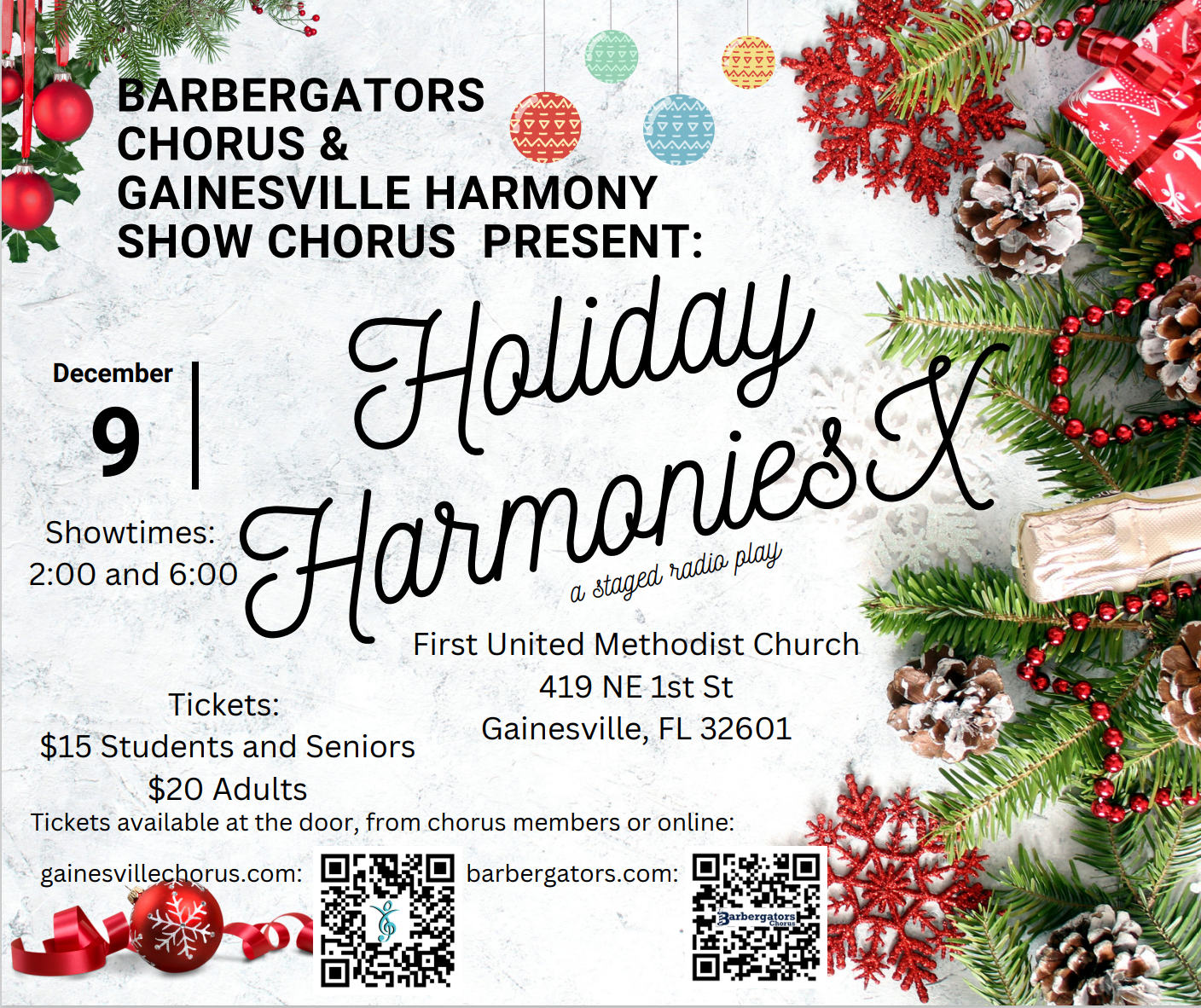 Holiday Harmonies 10 flyer.  Two shows Dec 9 2pm and 6pm.  Tickets available from chorus members or online (click here) Adults $20, Students and Seniors $15.