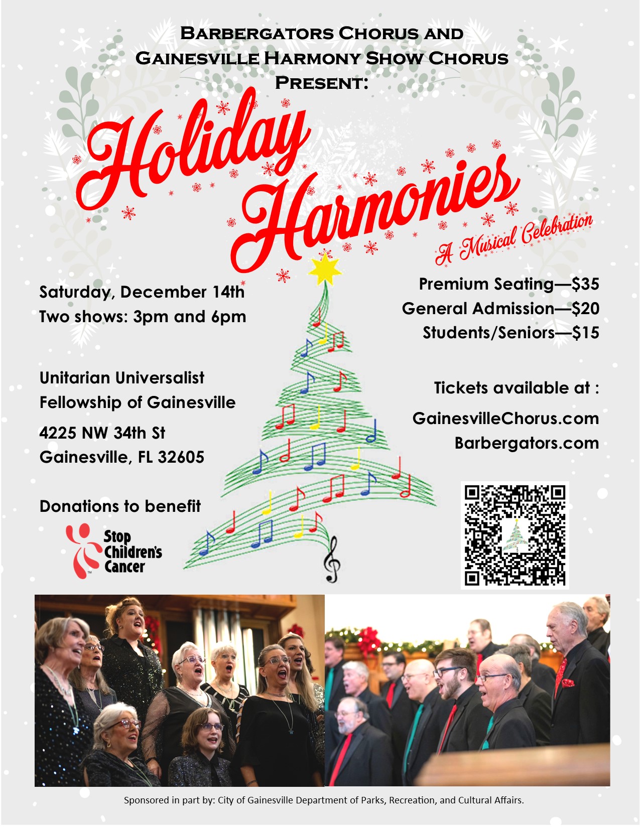 The Barbergators Chorus and the Gainesville Harmony Show Chorus join together for a Gainesville holiday tradition!  Our 11th annual holiday concert!   Dec 14, 2023 at 3pm and 6pm at Unitarian Universalist Fellowship, 4225 NW 43rd St, Gainesville, FL.  Tickets available from any chorus member or at https://www.eventbrite.com/e/holiday-harmonies-xi-tickets-1046481242567  Come see our feature quartets "Time of Our Lives" and "On the Edge" and other chapter quartets and the always popular combined chorus for an evening of holiday music, barbershop-style!  #barbershop #barbershopharmony #barbershopquartet #barbershopchorus #acappella #quartet #choir #chorus #gainesvilleFL #whyILoveGNV