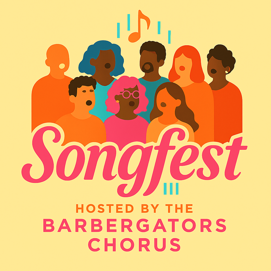 Songfest logo. An image of silhouettes of choir singers above the words "Songfest: Hosted by the Barbergators Chorus"